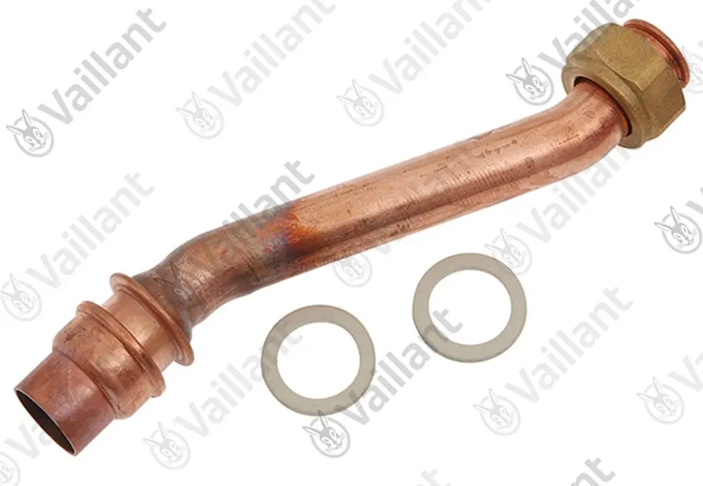 Kupferrohr von Vaillant mit gebogenem Ende. Zwei Gummiringe daneben. Geeignet für Heizungs- oder Installationszwecke.